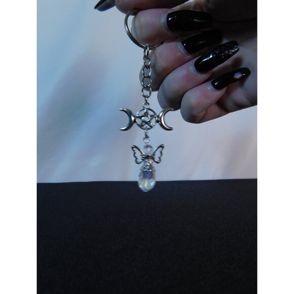 Triple Moon Pentacle Crystal Angel Keychain Pagan Wiccan Goddess Charm Spiritual - Picture 10 of 10